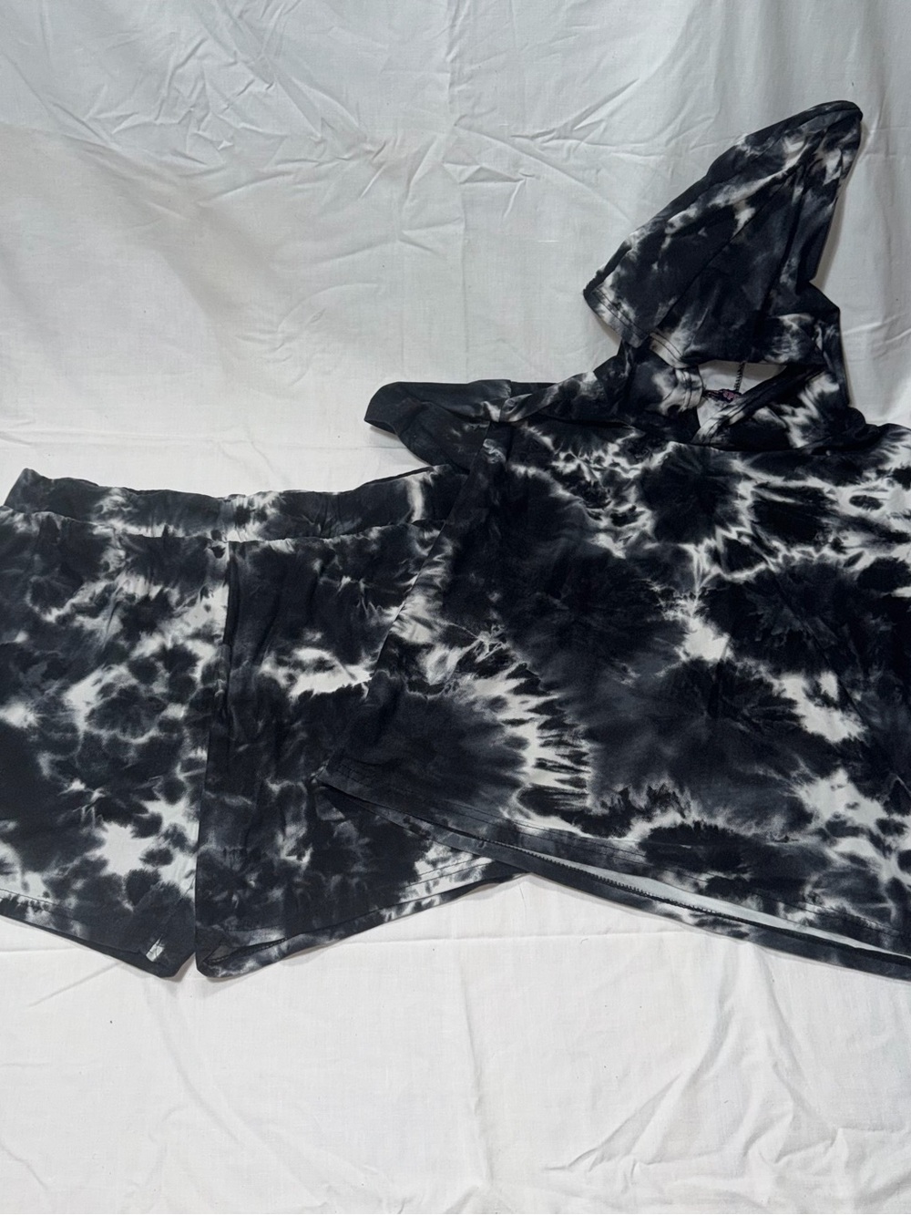 Aq Sport Black White Tie Dye Lounge Set Short Sleeve Hoodie & Shorts Plus Sz 1X